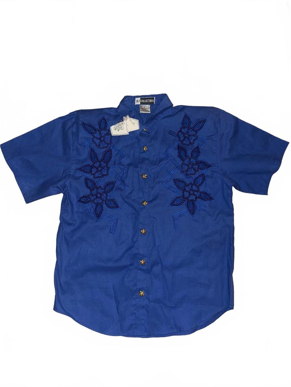 Women's Boutique BJ Collections Blue Short Sleeve Floral Linen Shirt Size M NWT
